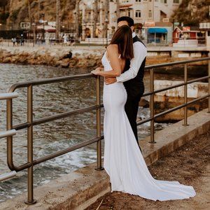 White Wedding Dress with Cowls Neck and Slit